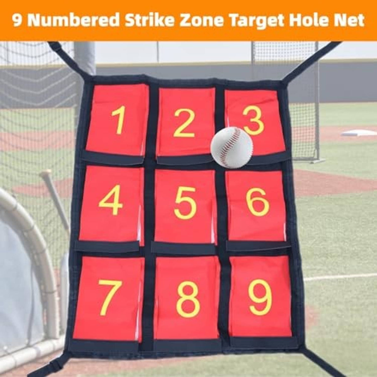 Close-up numbered strike zone target hole net with baseball resting in the goal hole