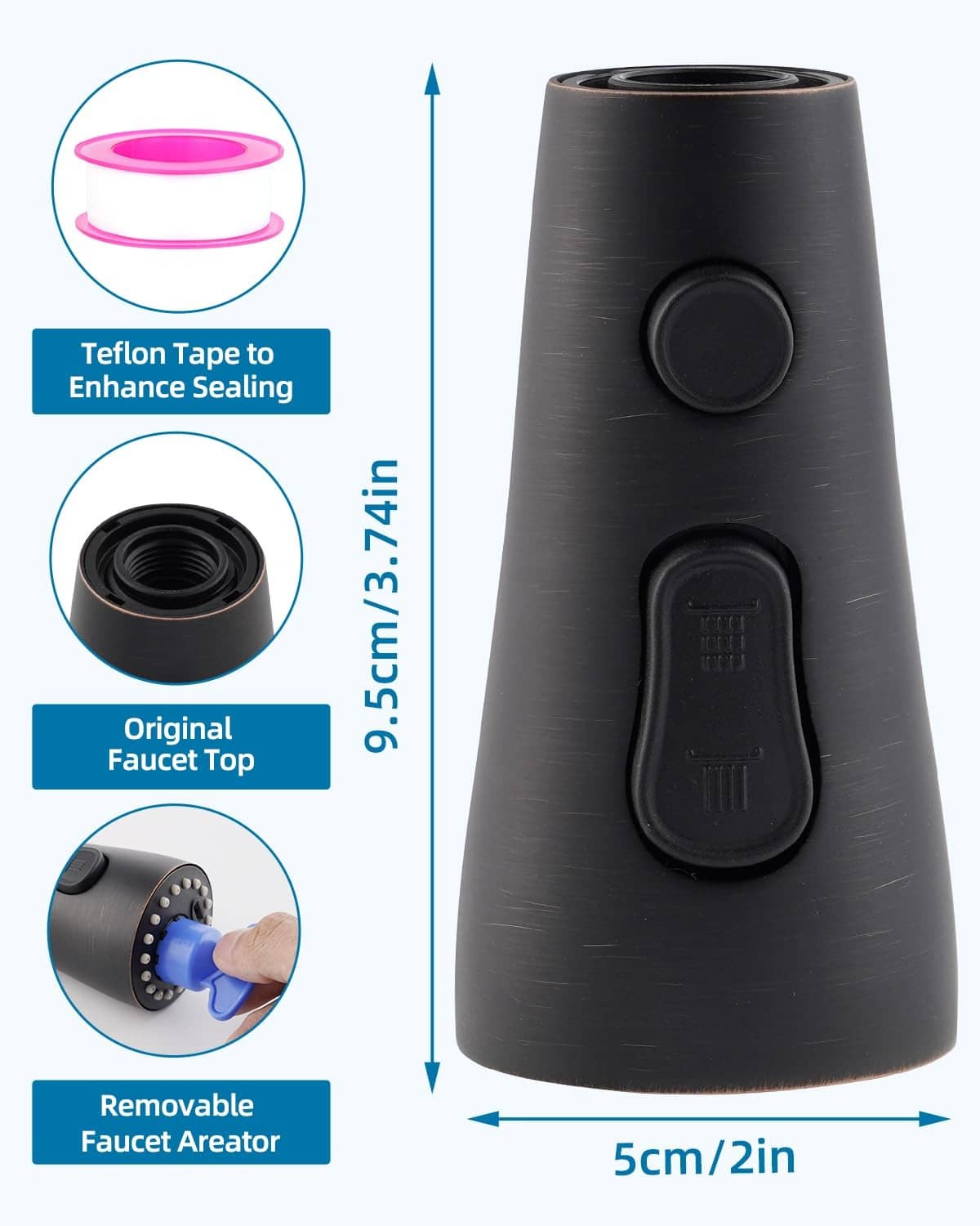 Oil-rubbed bronze faucet head replacement with removable aerator and 5.5 cm size marking