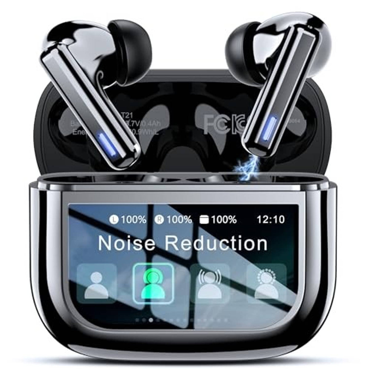 Obsidian black wireless earbuds with charging case and touch screen reading Noise Reduction