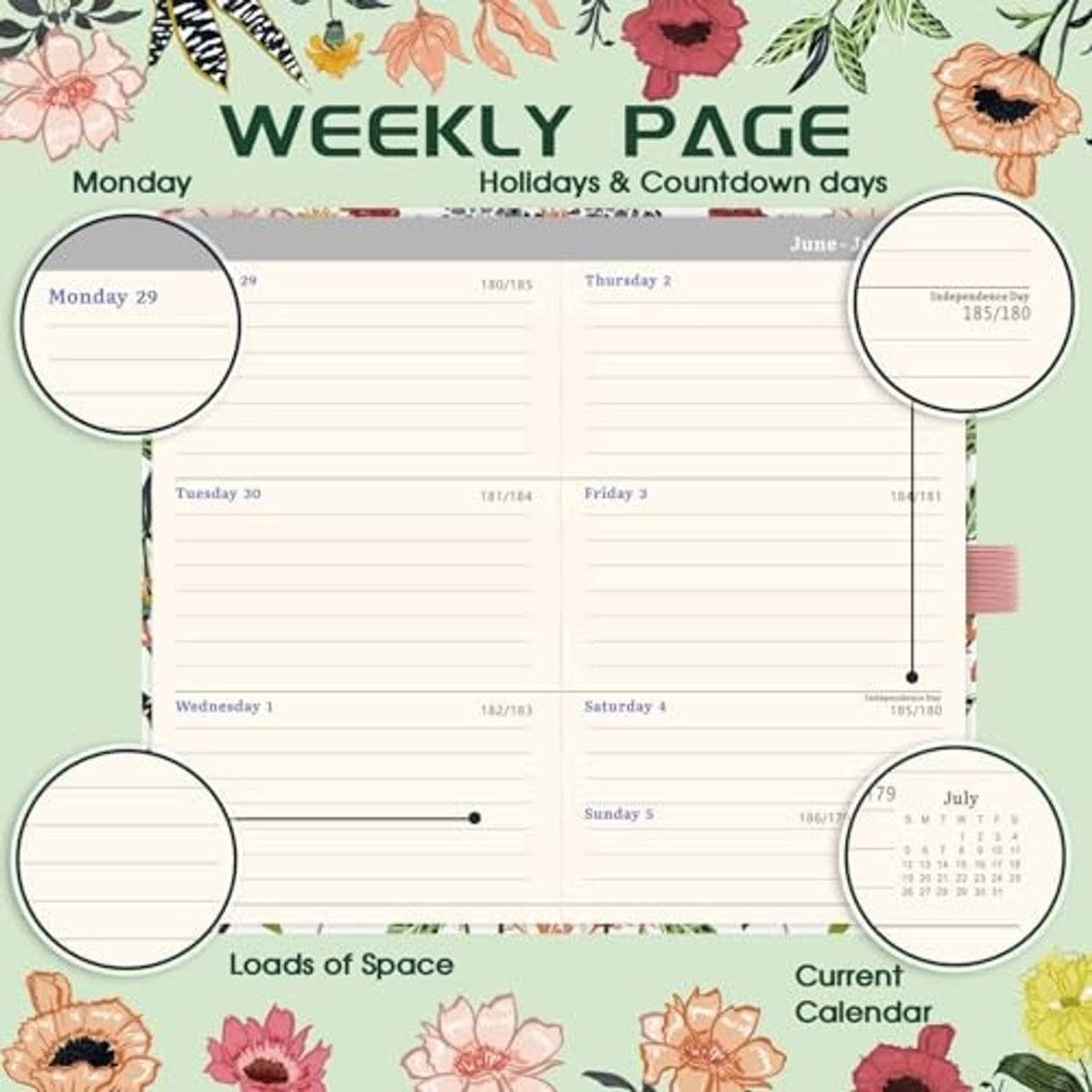 Weekly calendar page with lines, holidays area, and floral border header