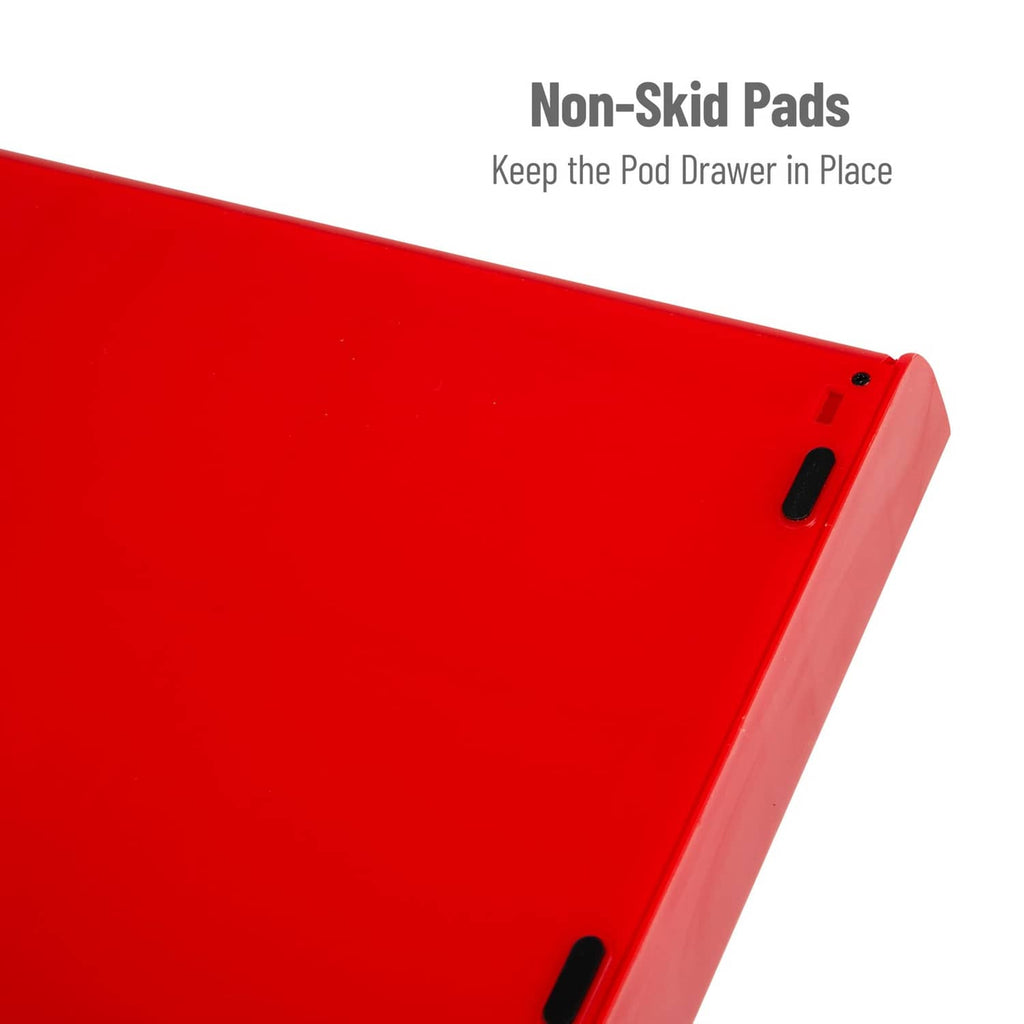 Red coffee pod drawer base with non-slip pads for keeping the drawer in place