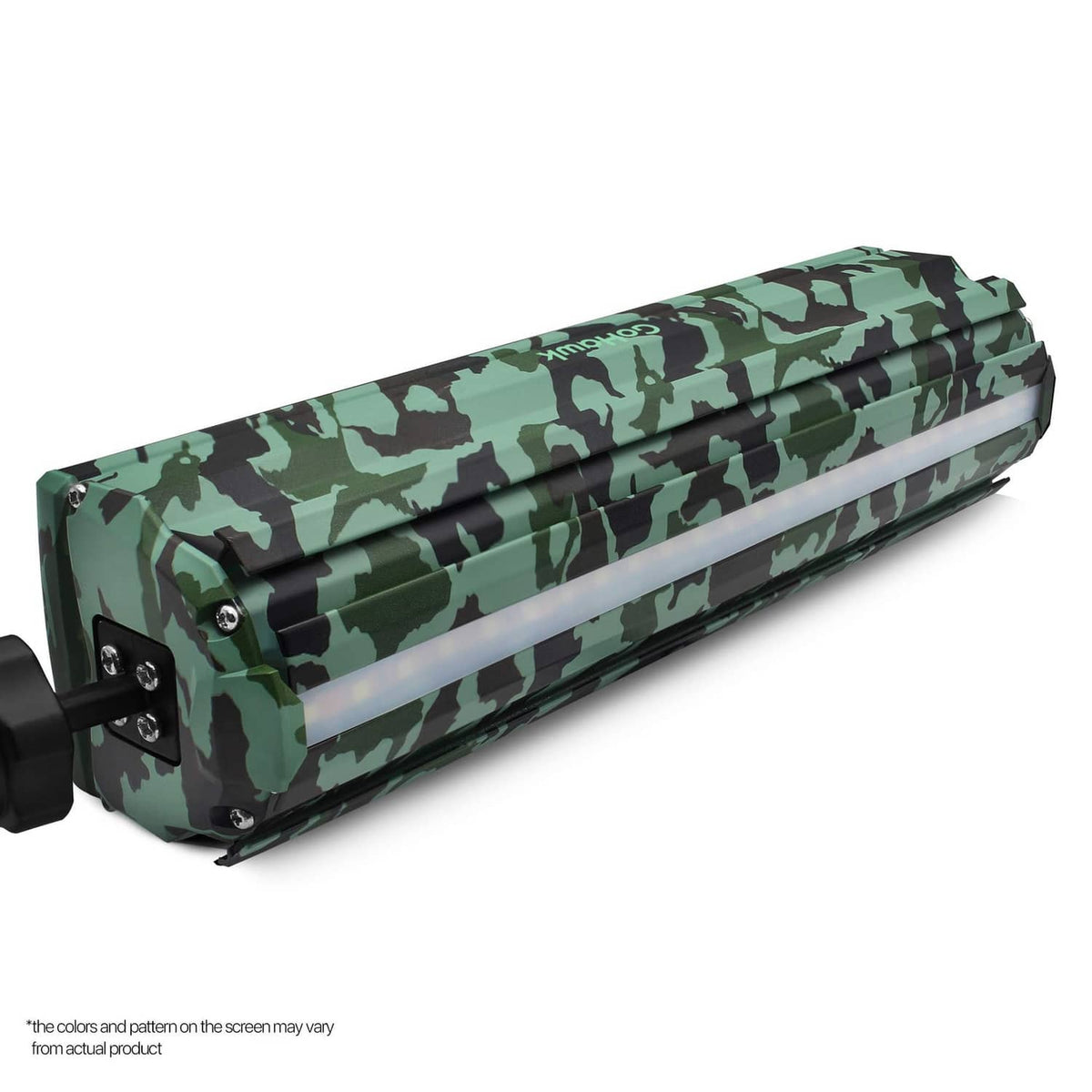 Camo green speaker bar with white LED strip and rugged side mounting bracket