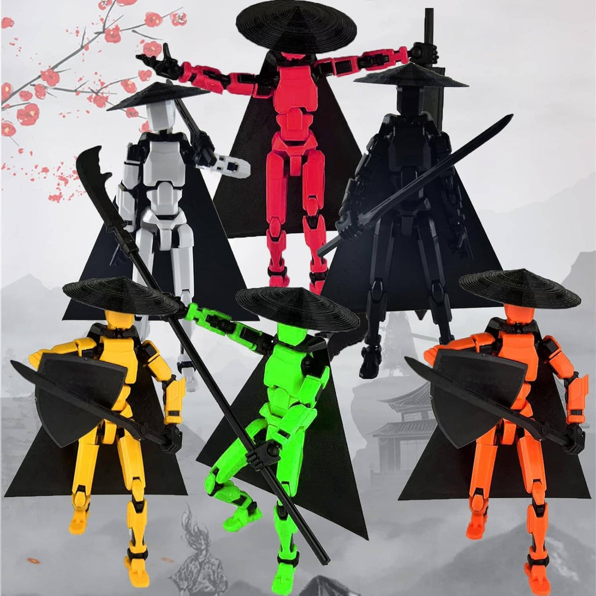 Multi-jointed action figures in red, green, yellow, orange, and white with katana
