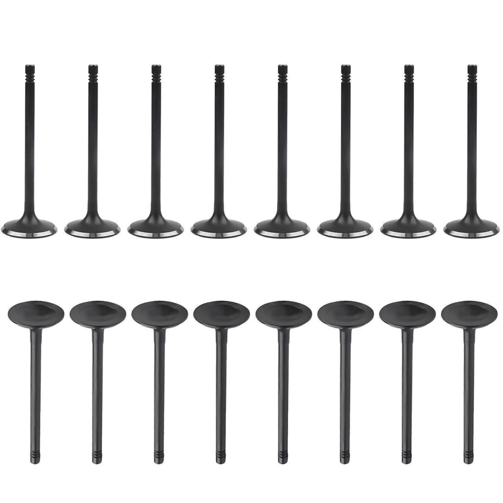 Engine valves set with paired views: round metal heads and long black stems, stacked lineup