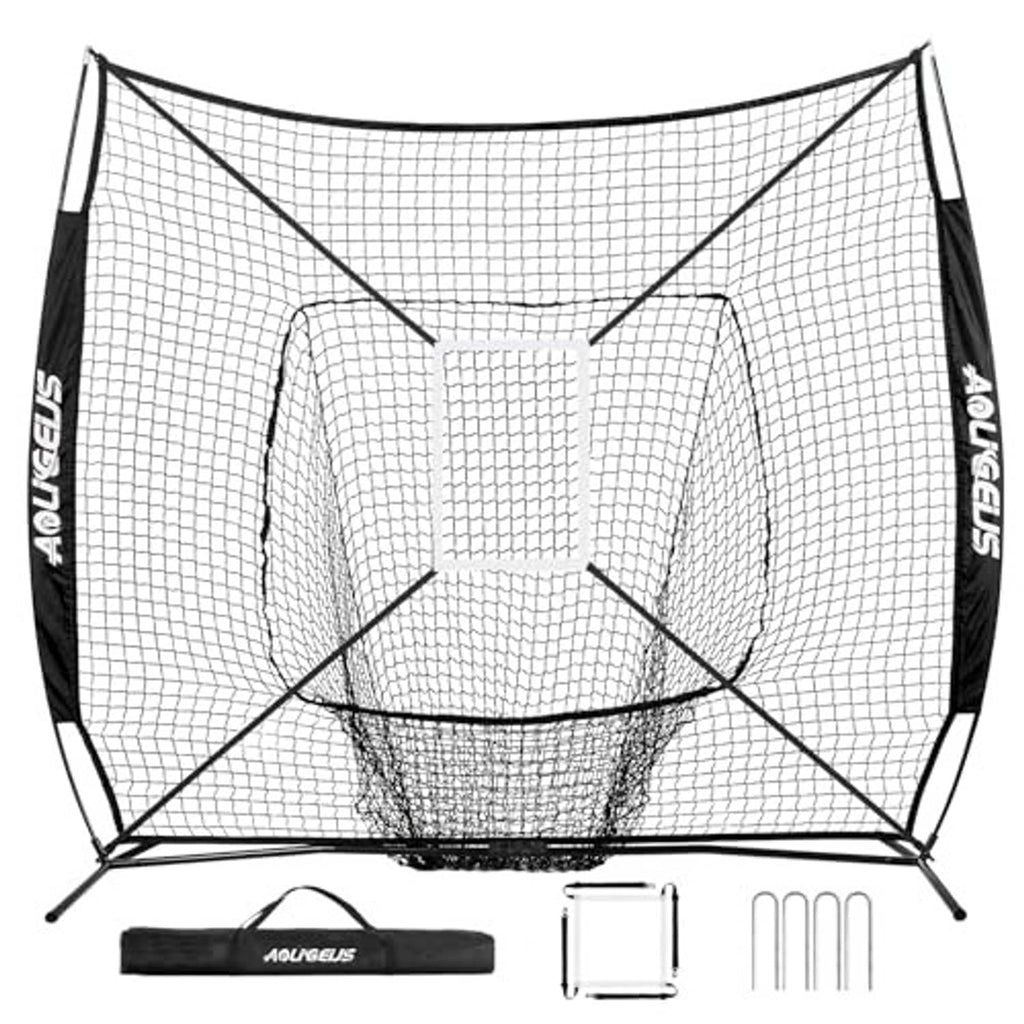 Baseball practice net with strike zone target opening, black frame, white mesh net