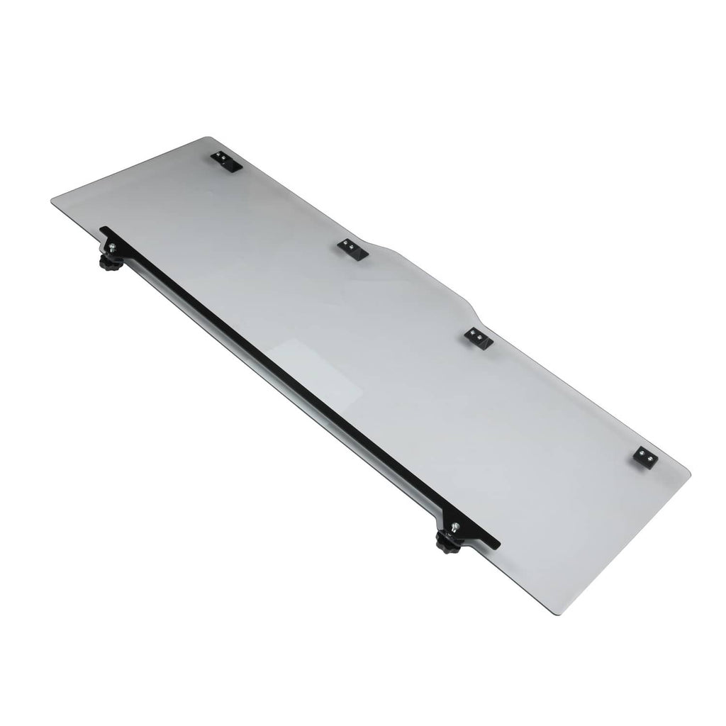 Rear sliding windshield panel window at angle with black support bar and clamps
