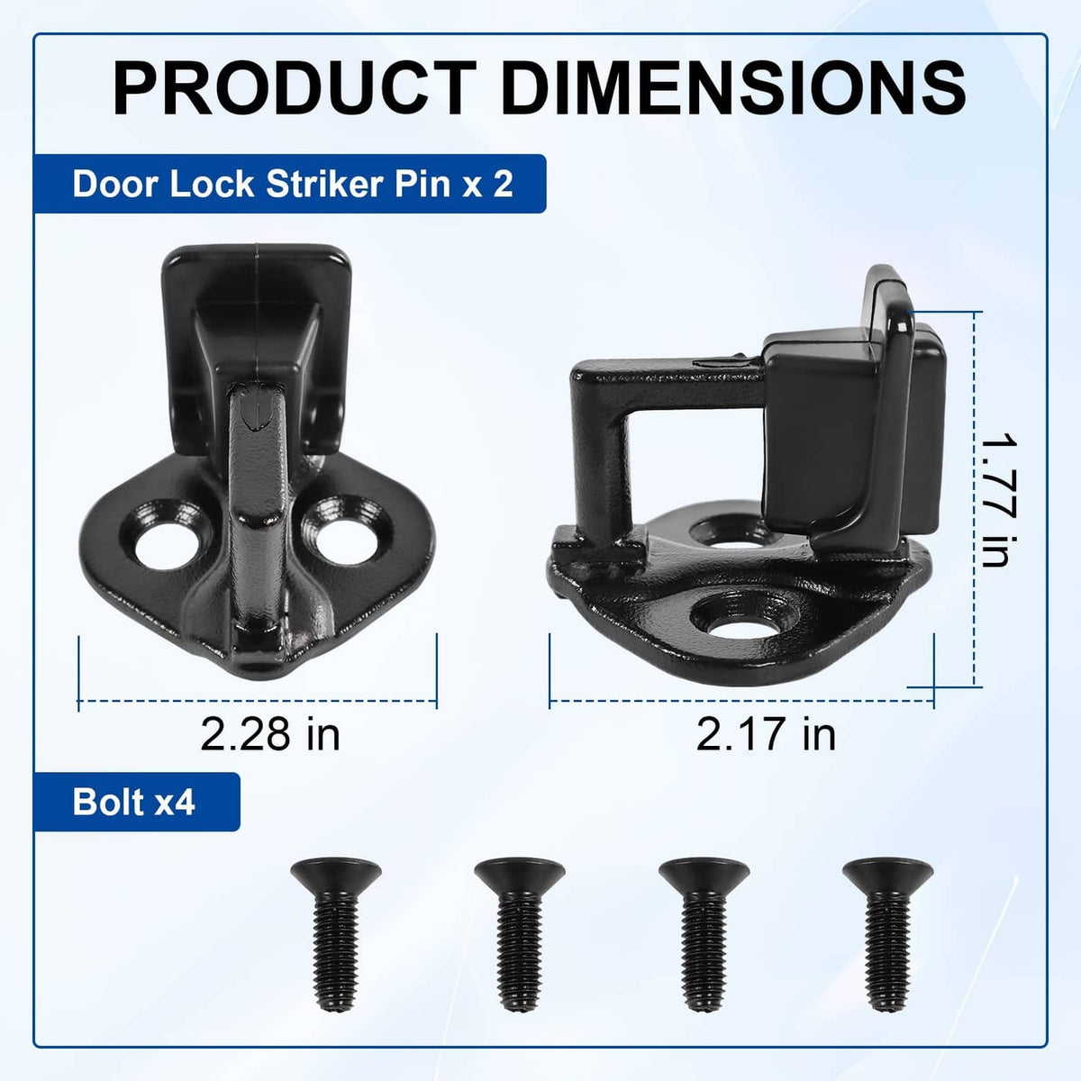 Black door lock striker pin set with mounting bolts and bracket bases