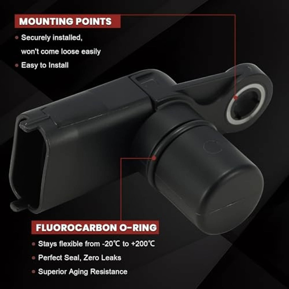 Camshaft position sensor with mounting points, round gasket, and black body