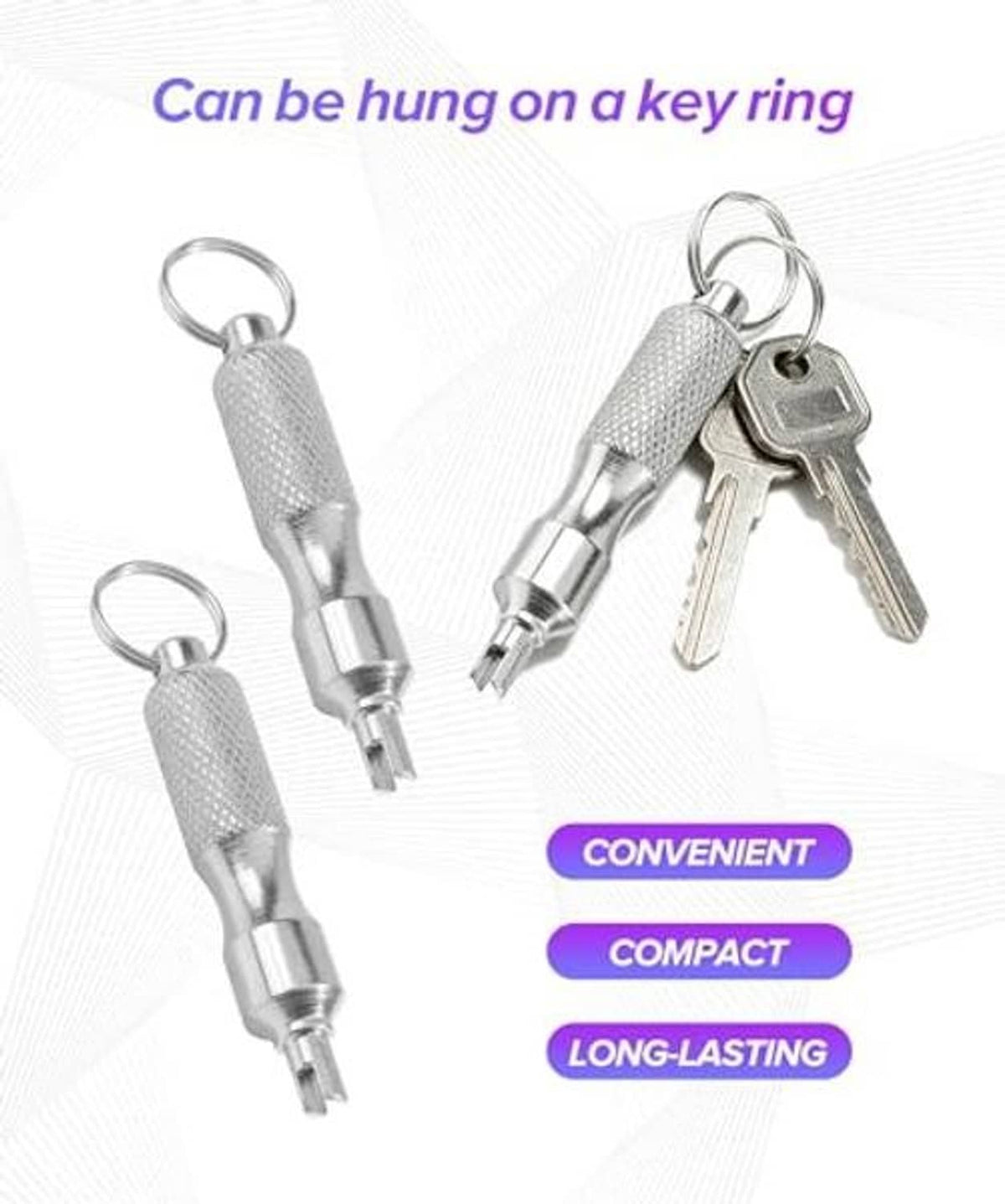 Two-piece valve core removal set with keyring loops, keys, and metal tips
