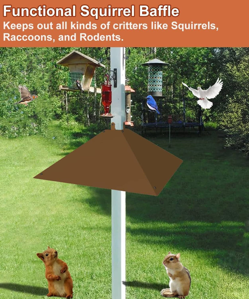 Brown metal squirrel baffle on white pole above feeder, wide V-shaped shield