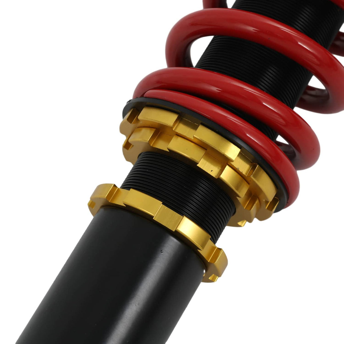 Coilover spring and black shock with gold adjustment collar and red coil springs