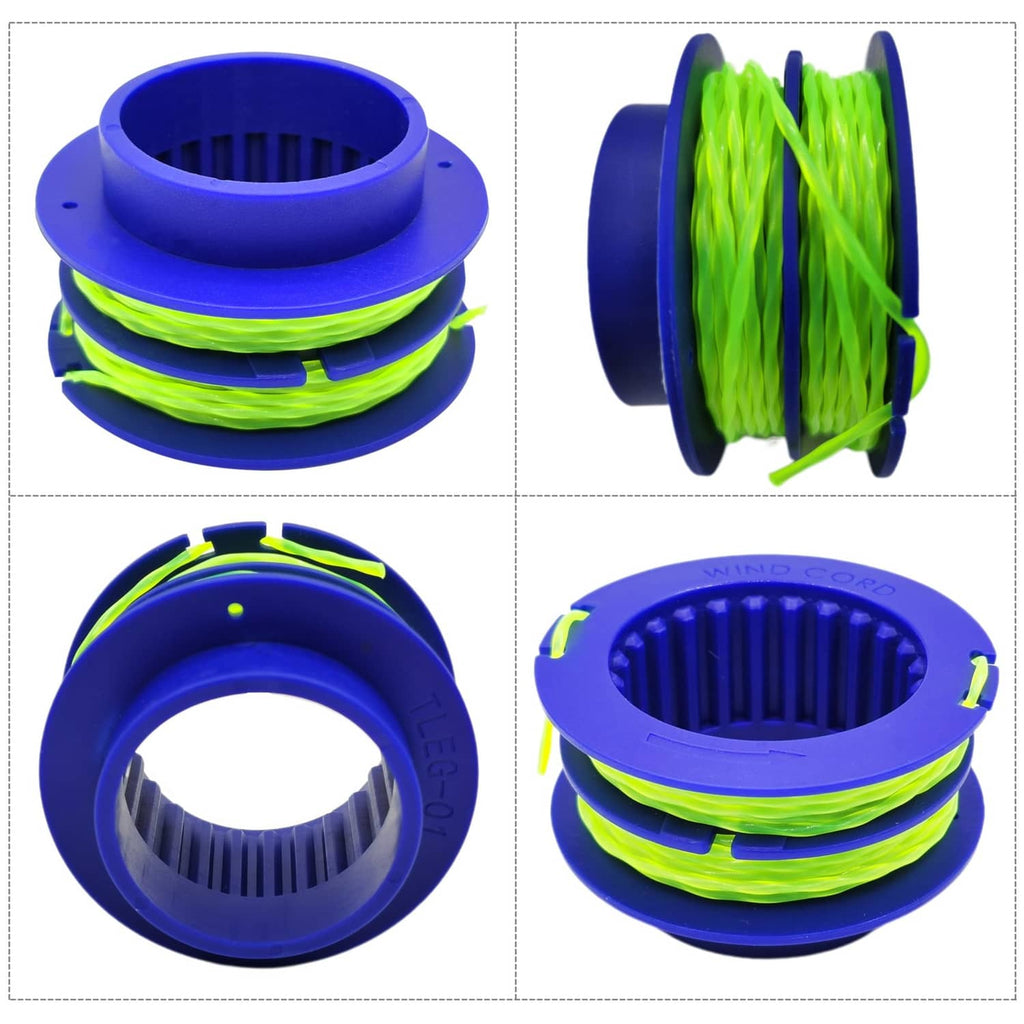 Blue trimmer line spools with neon green string line, viewed from multiple angles