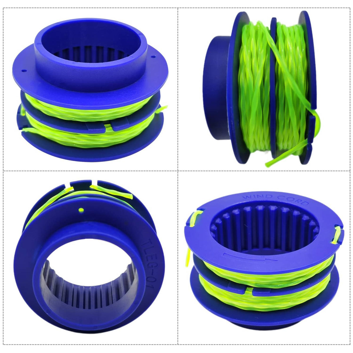 Blue trimmer line spools with neon green string line, viewed from multiple angles