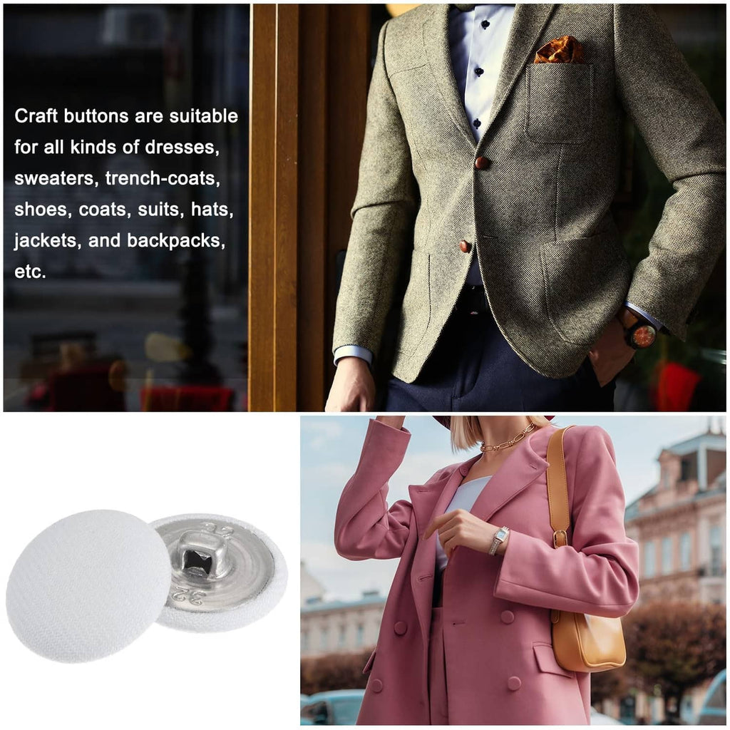 White fabric-covered round buttons on a coat front, 20mm metal shank