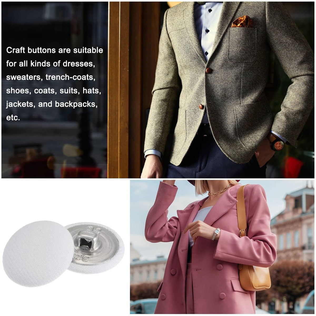 White fabric-covered round buttons on a coat front, 20mm metal shank