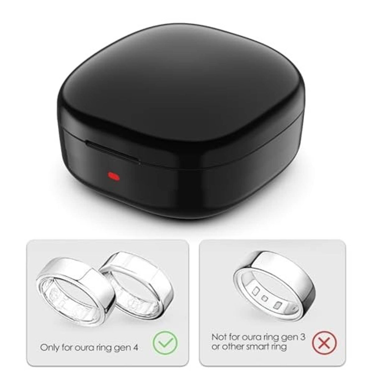 Black charging dock case with red indicator and compatibility cards