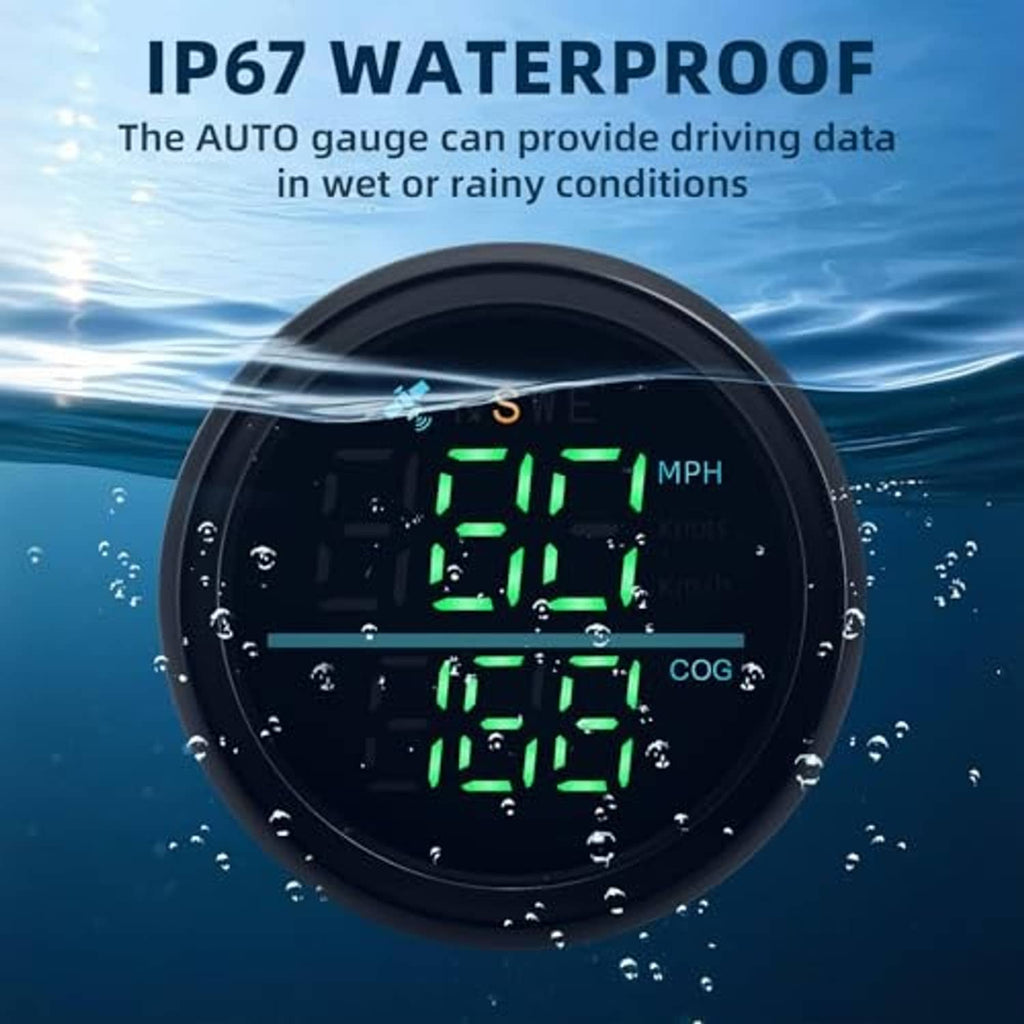 Round GPS speedometer gauge with green display shown in water for IP67 waterproofing