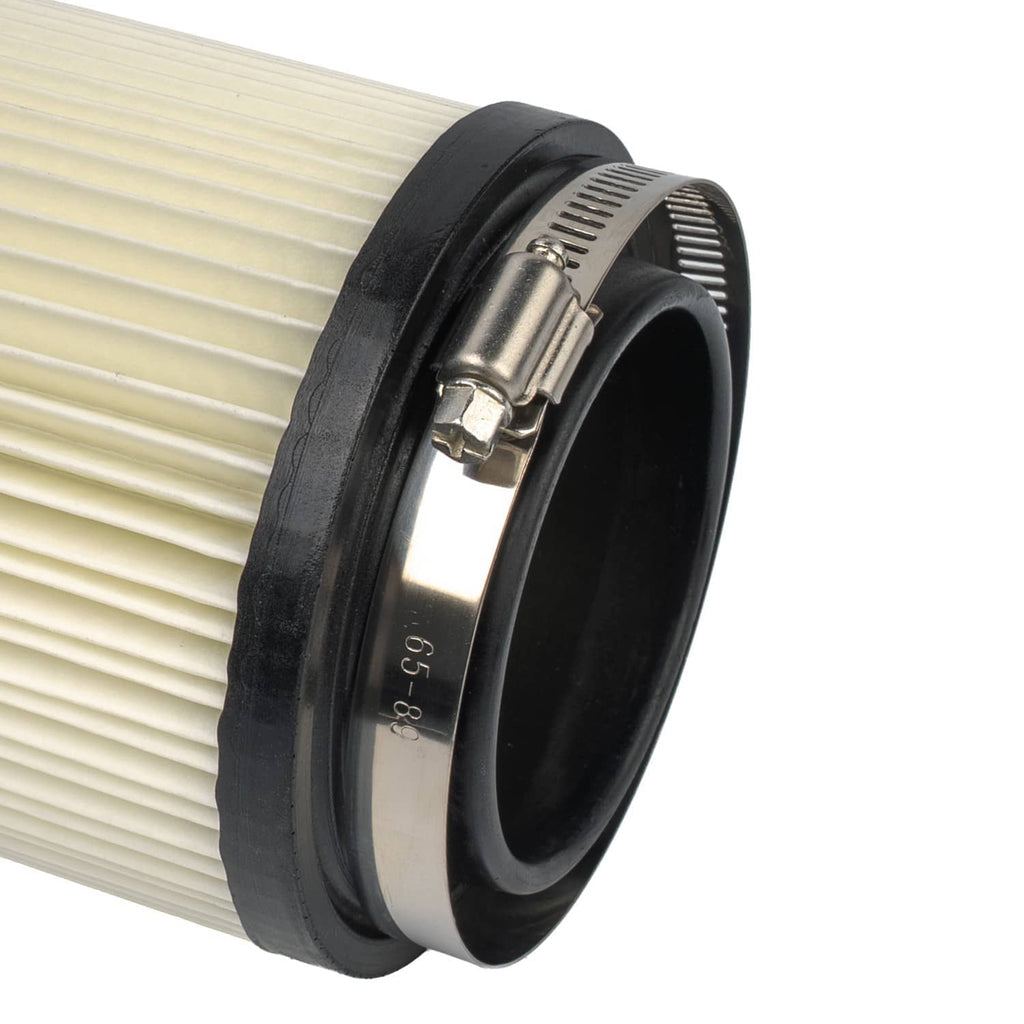 Close-up air filter flange, metal band clamp on black rubber rim around pleats