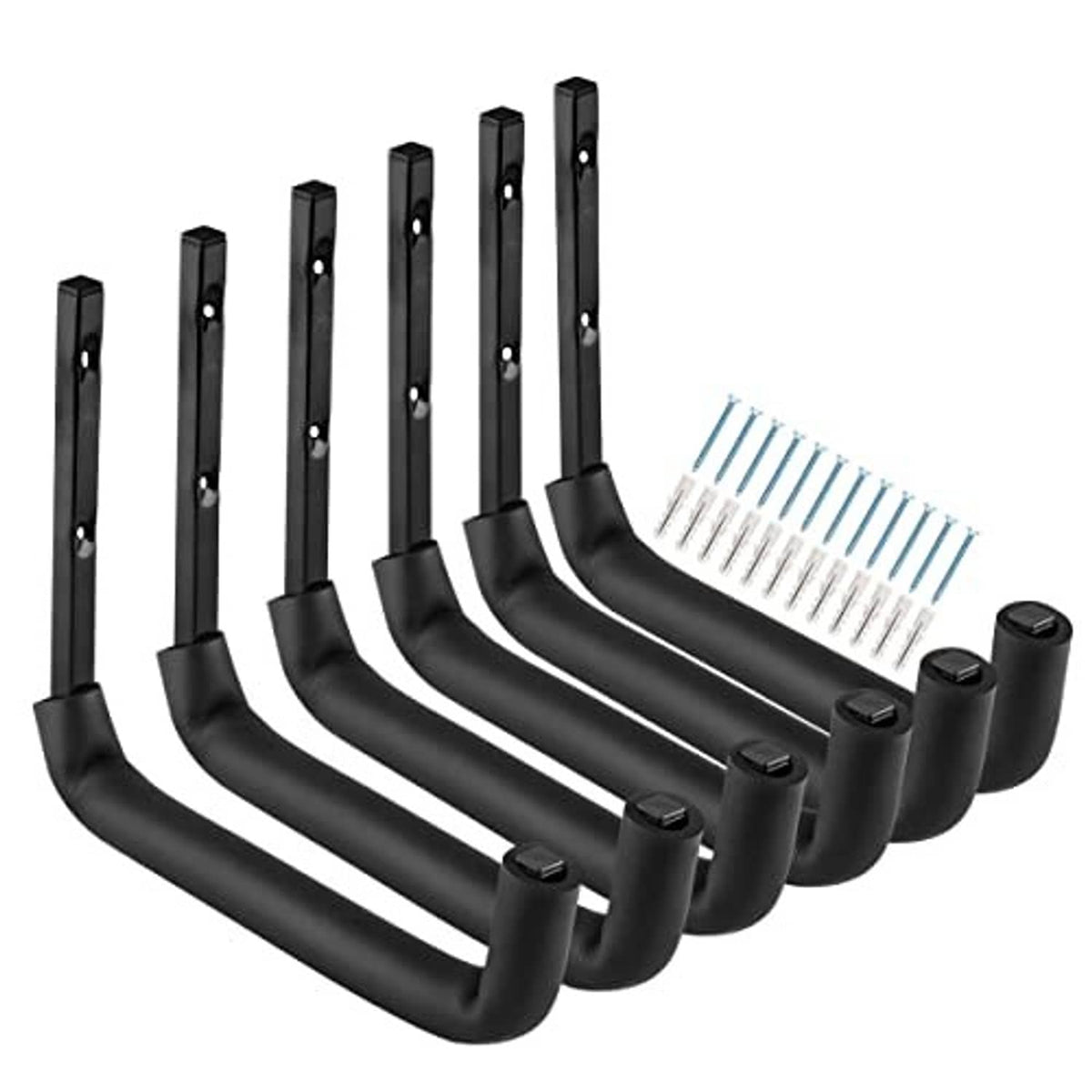 Black heavy-duty garage storage hooks with curved U arms and screw-mount plates