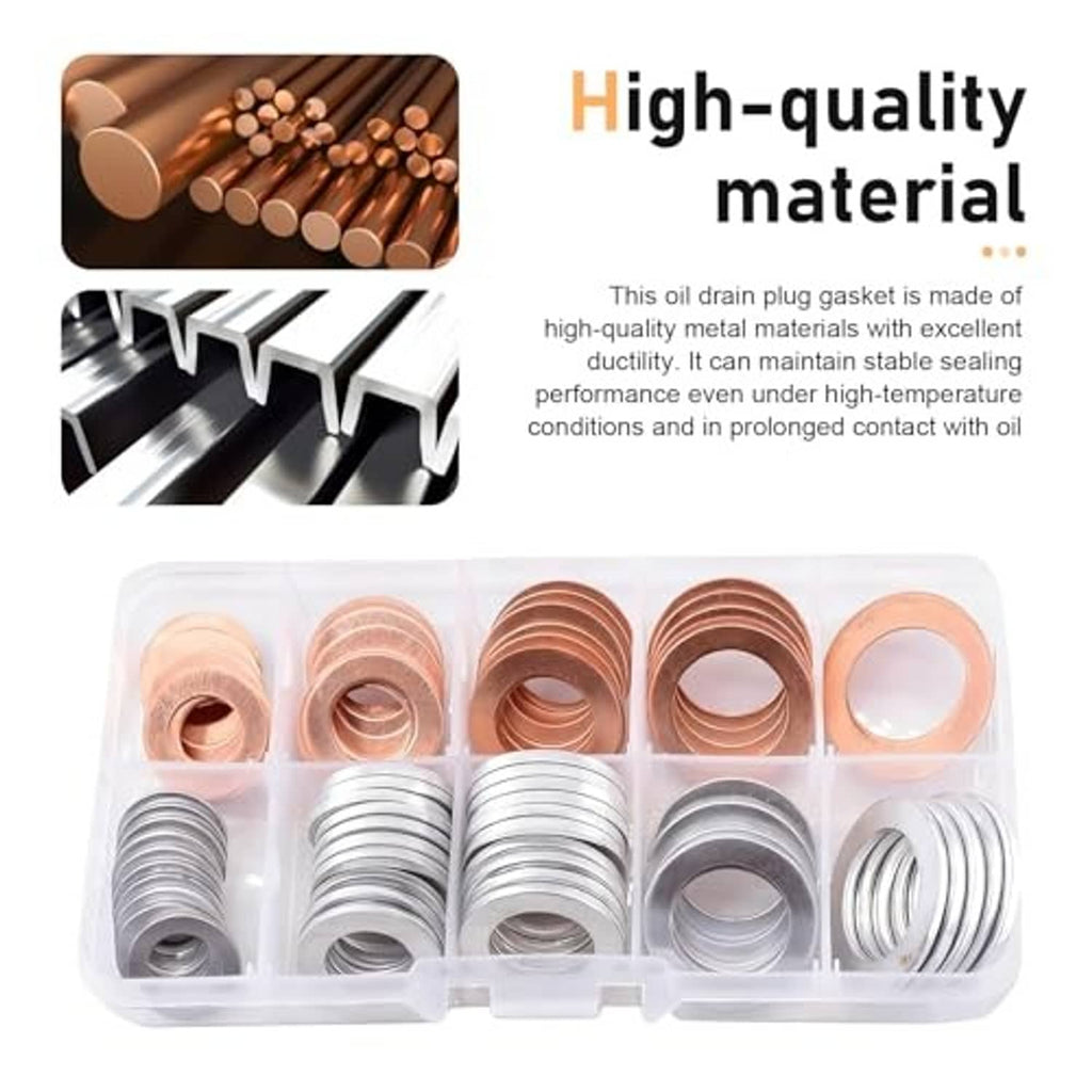 Oil drain plug gasket washers kit in clear case, mixed copper and silver rings