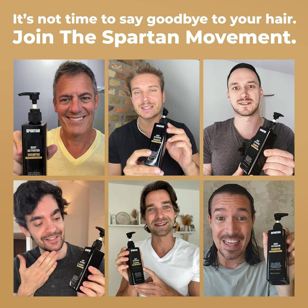 People holding SPARTAN Root Activator Shampoo pump bottles in six photos