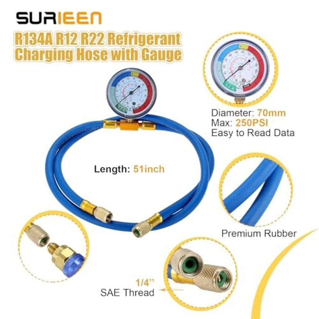 Refrigerant charging hose kit with blue rubber hose and pressure gauge with brass connectors