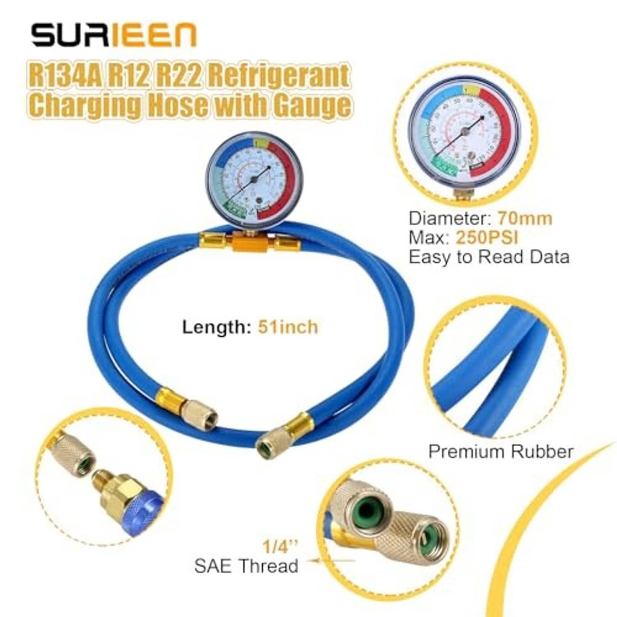 Refrigerant charging hose kit with blue rubber hose and pressure gauge with brass connectors
