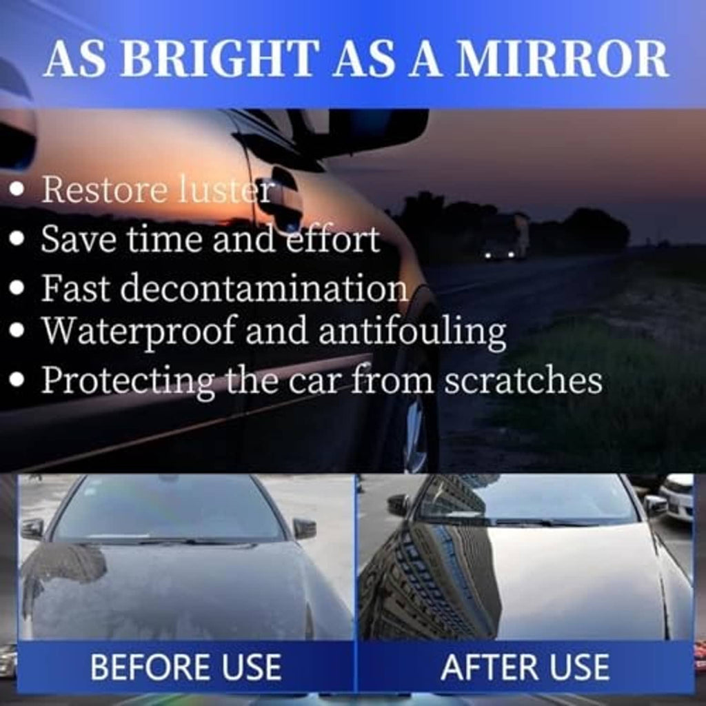 Car coating spray promotional graphic with mirror-like gloss and before/after images