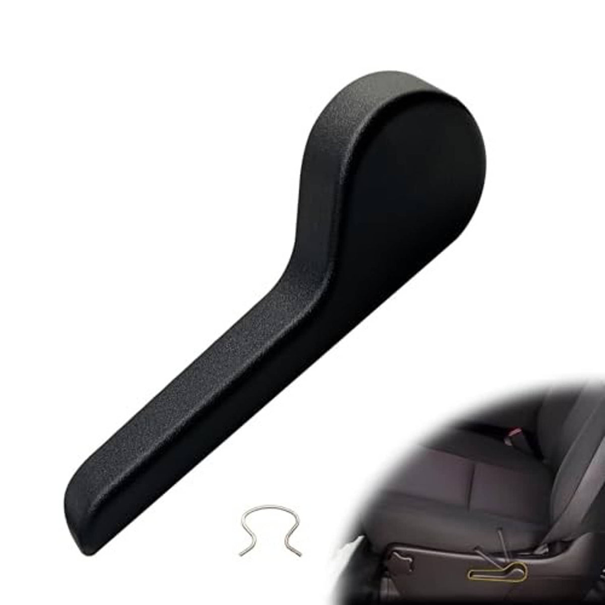 Black driver-side seat recliner handle, angled view with textured finish