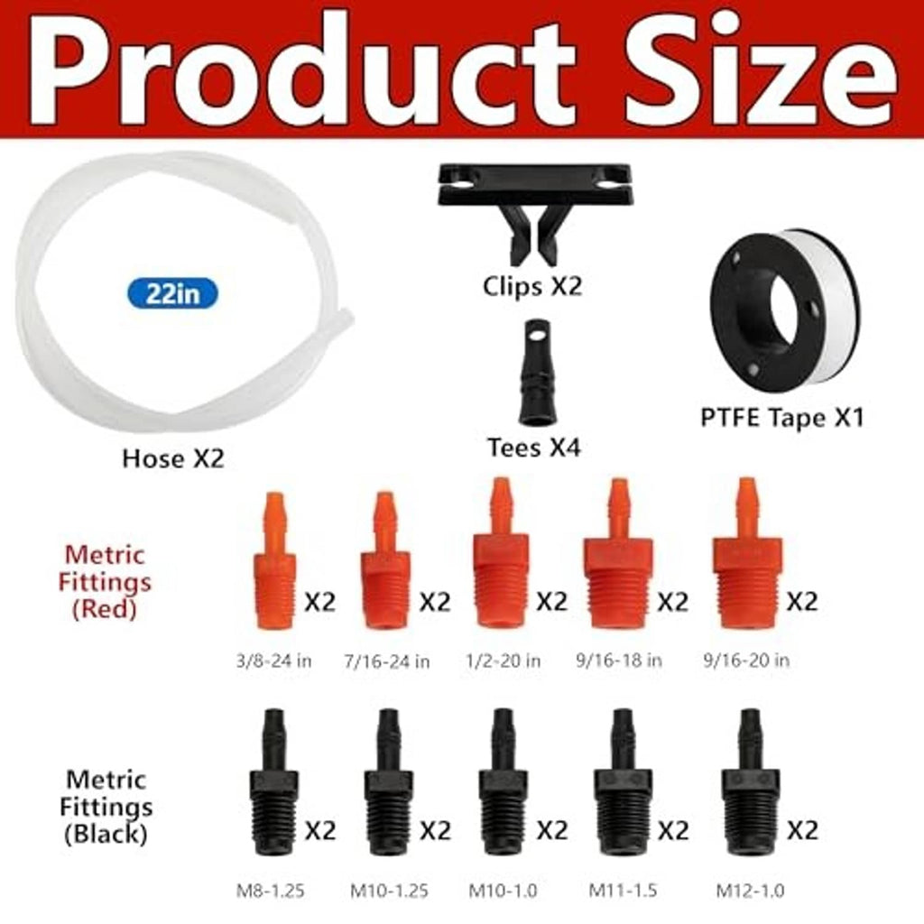 Brake bleeder kit parts diagram: white hose, clips, PTFE tape, red and black fittings