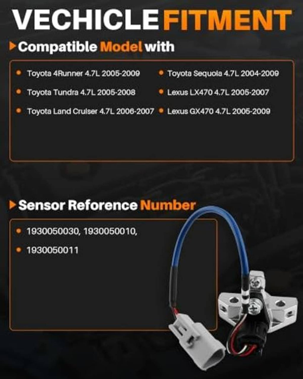 Camshaft position sensor with wiring harness shown in vehicle fitment information graphic