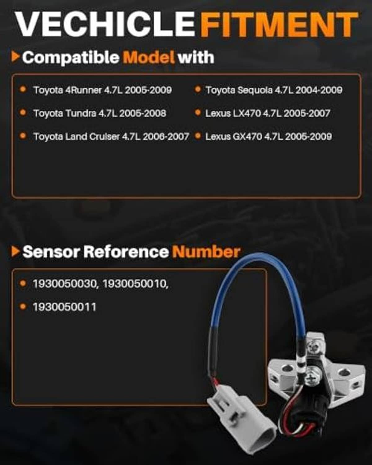 Camshaft position sensor with wiring harness shown in vehicle fitment information graphic