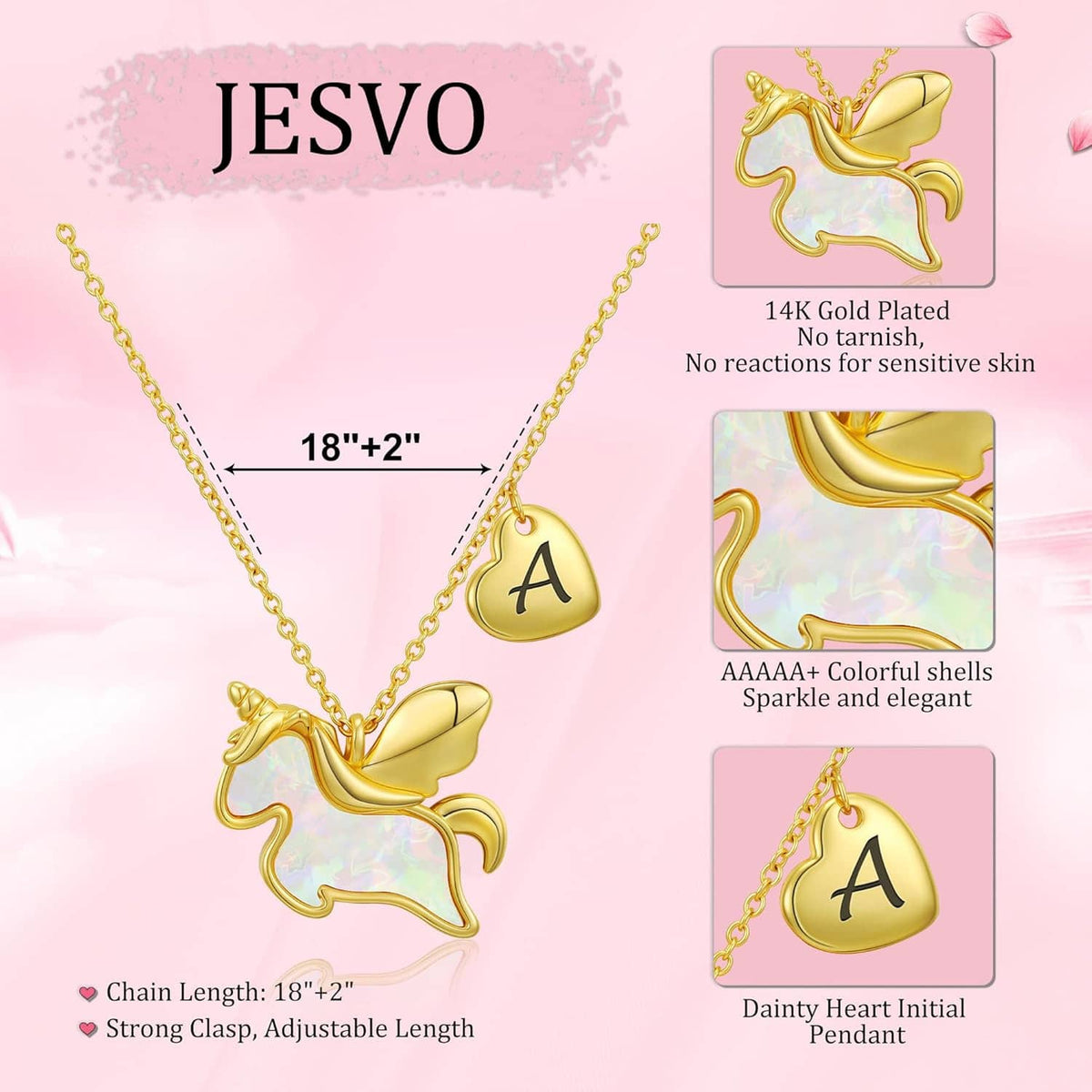 Gold-plated unicorn pendant necklace with heart initial A charm.