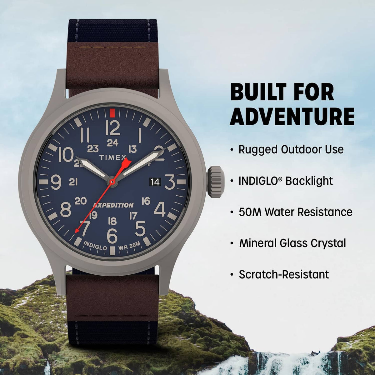 Wristwatch with blue dial and gray case, brown leather strap, crown at 3 o'clock