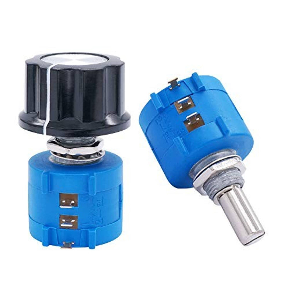 Blue and black 10-turn rotary potentiometer pair with exposed metal shafts