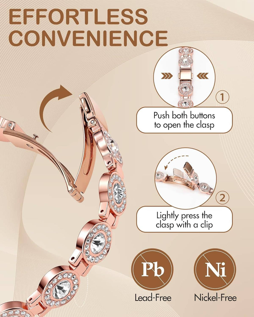 Rose gold magnetic bracelet with rhinestone oval links and folding clasp