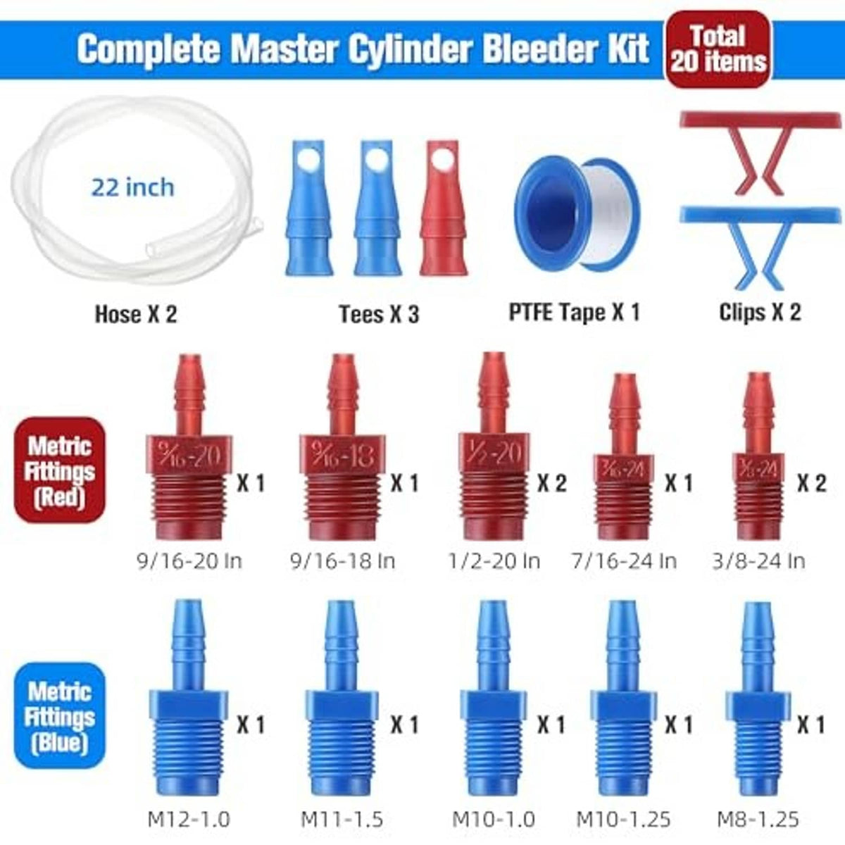 Complete master cylinder bleeder kit with clear 22 in hose, tees, PTFE tape, clips, fittings