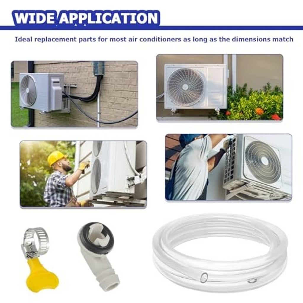 AC mini-split drain hose kit: coiled transparent hose, connector fitting, metal fasteners