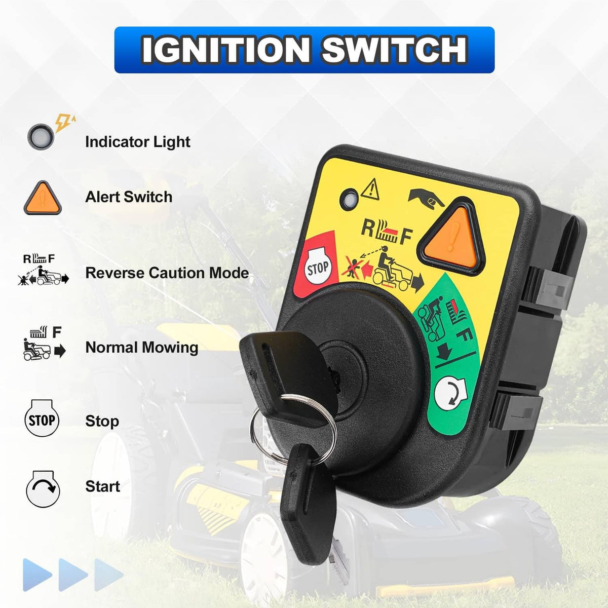 Ignition switch module with indicator light and alert switch icons on panel