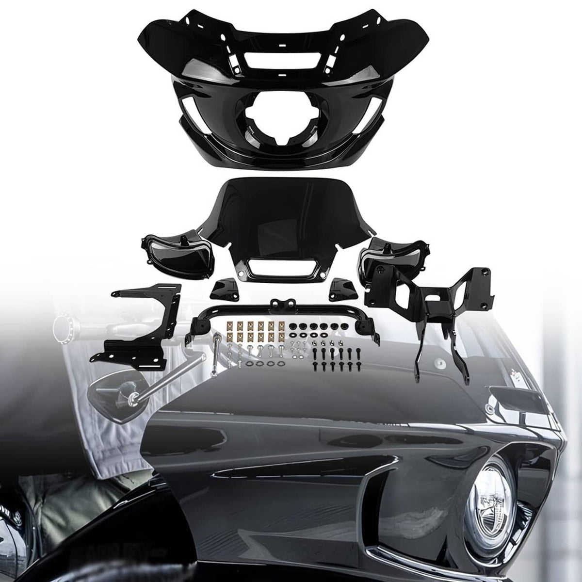 Black fairing windshield bracket kit with screen and side mounting brackets