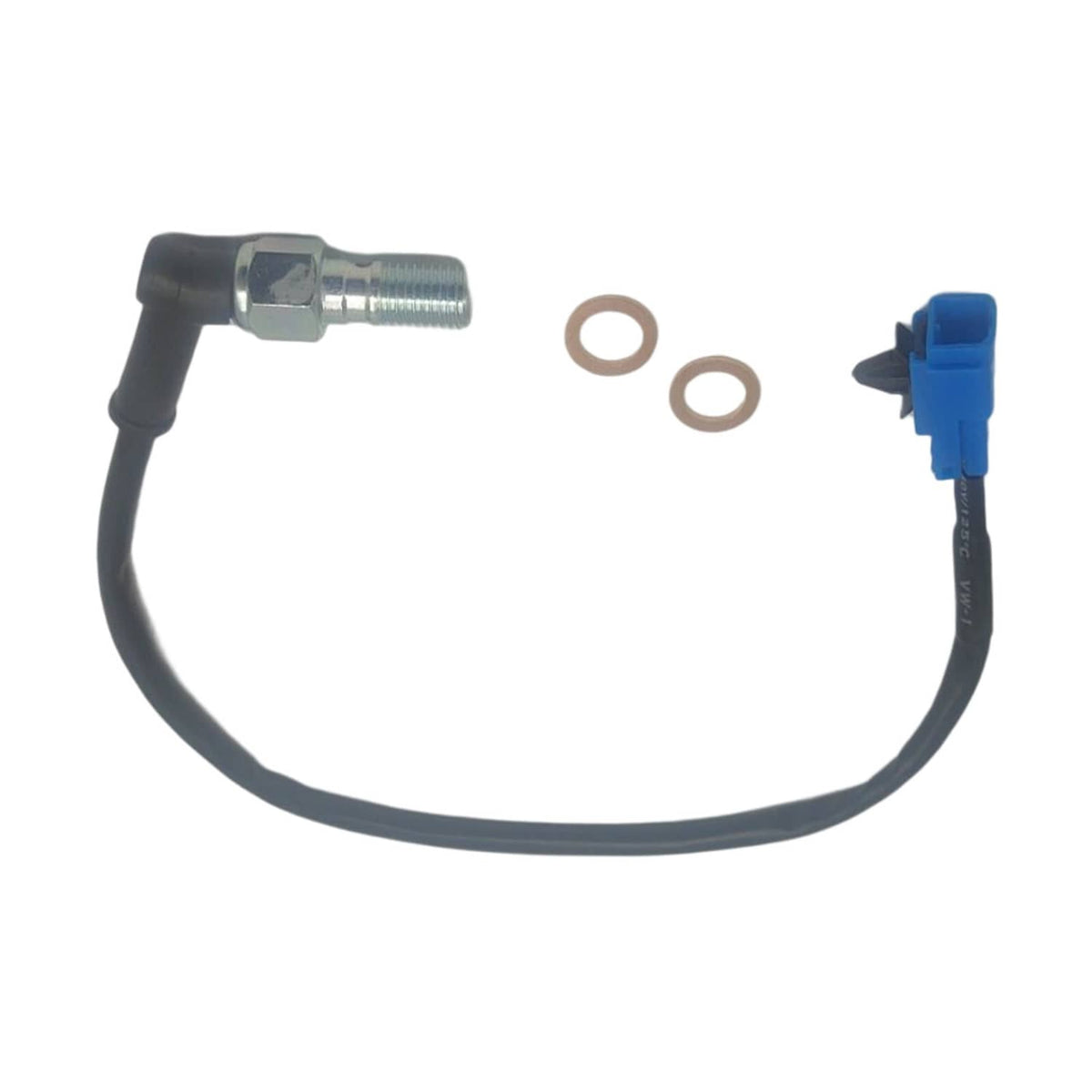Brake stop sensor wiring harness with blue plug, silver fitting, and copper washers