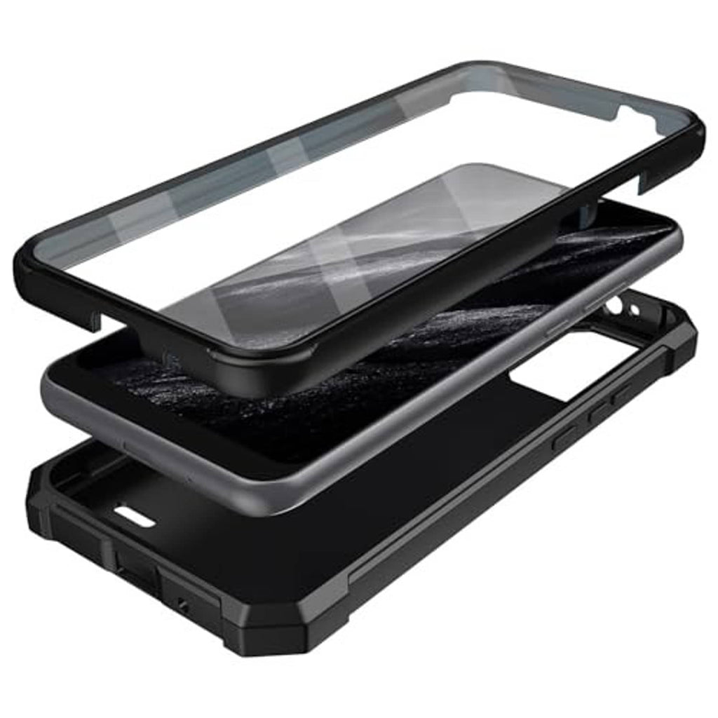 Rugged black phone case with clear front screen shield and raised edge protection