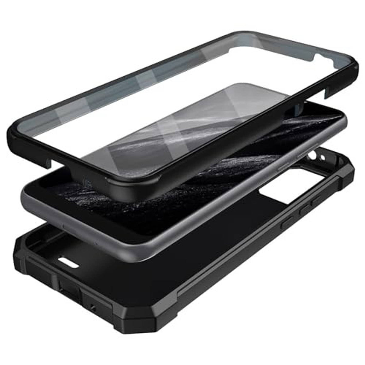 Rugged black phone case with clear front screen shield and raised edge protection