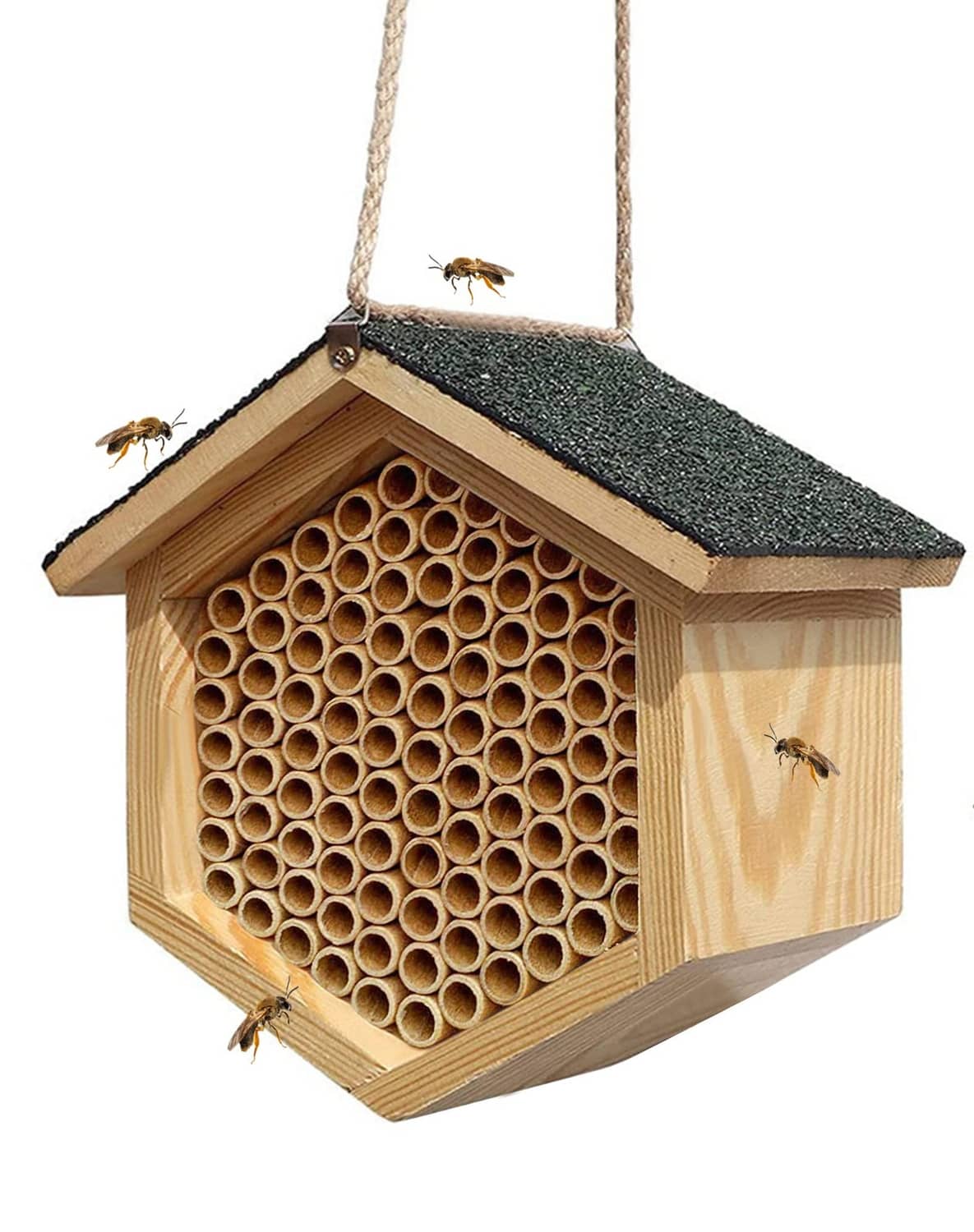 Wooden mason bee house with rows of round cardboard nesting tubes inside