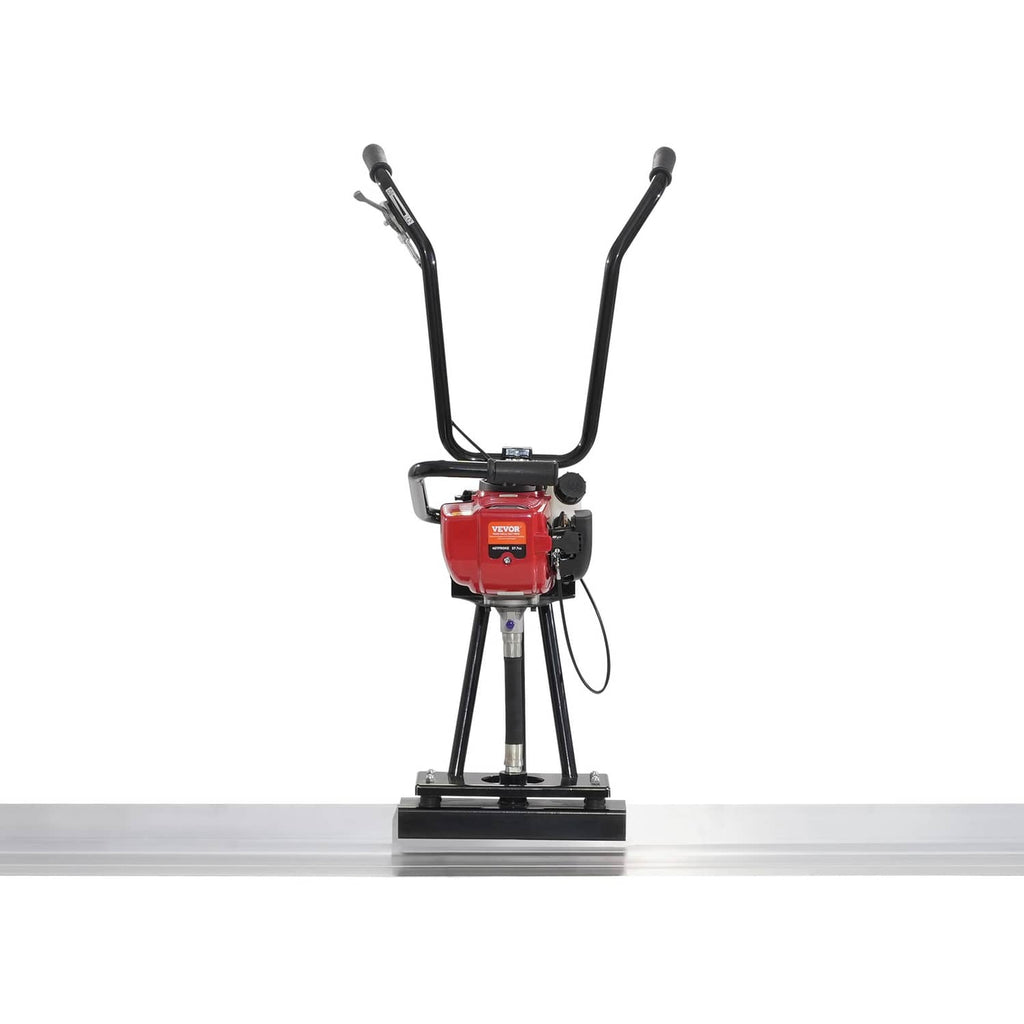 Concrete screed float with red engine, dual handle grips, and aluminum smoothing blade