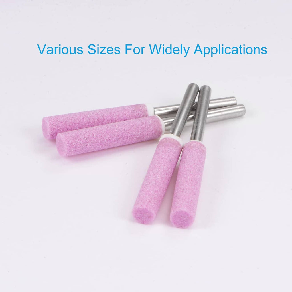 Set of pink diamond chainsaw sharpener bits with metal shanks, assorted lengths