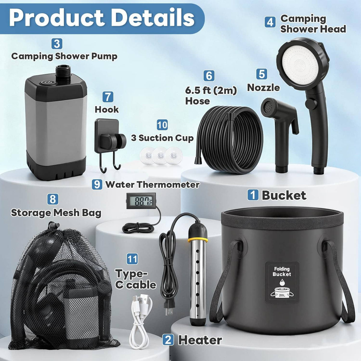 Camping shower kit: bucket heater, coiled hose, shower head, thermometer, storage mesh bag