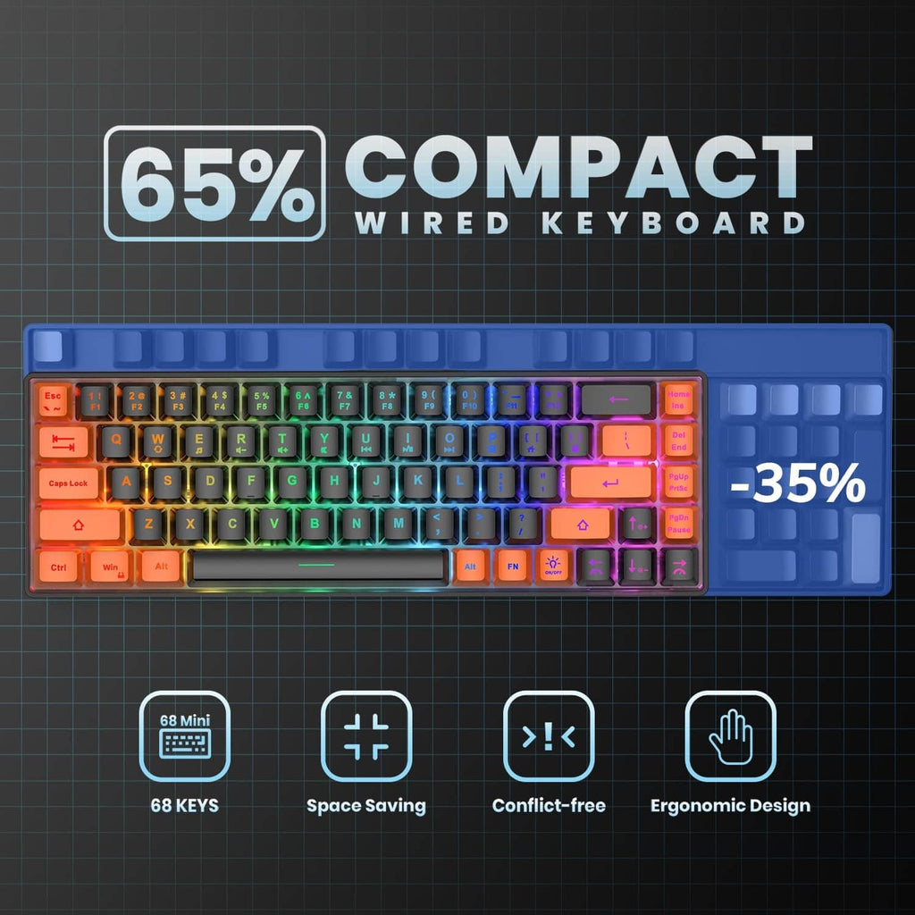 65% wired keyboard layout with RGB backlit keys and black-orange keycaps