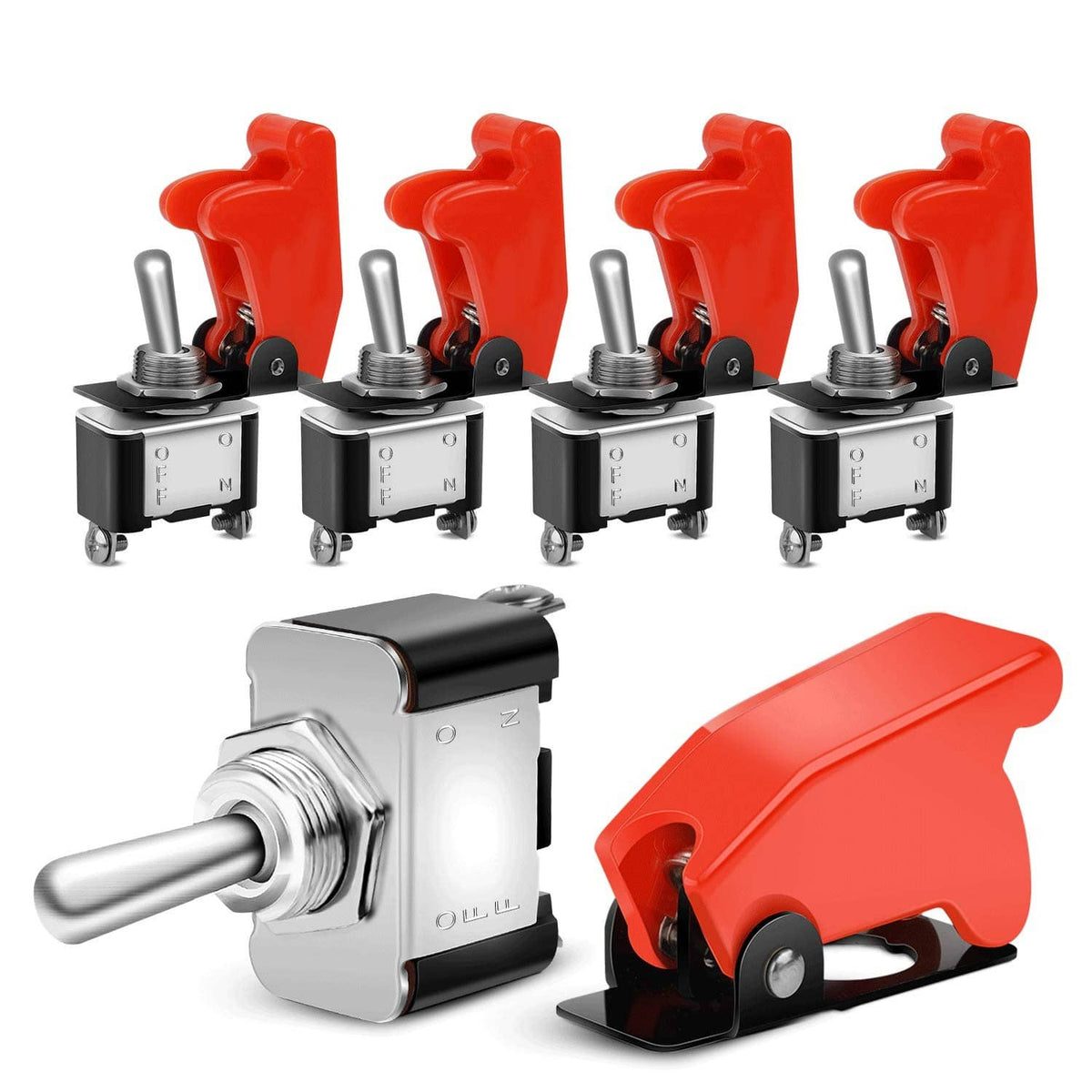 Red rocker toggle switch with safety cover, black base and silver terminals