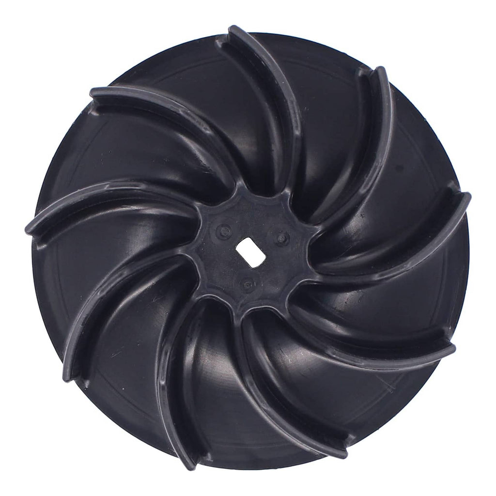 Black plastic impeller fan face view with central hole and curved blade vanes